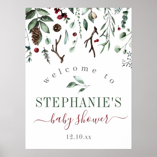 冬の緑の赤ちゃんまたは花嫁のシャワー歓迎サイン ポスター (正面)