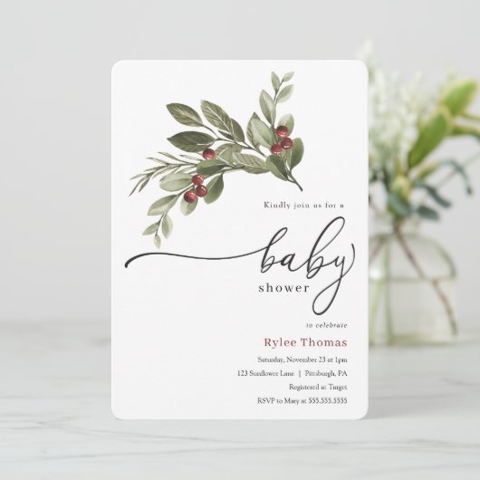 冬の緑の赤ちゃんシャワー 招待状 (スタンド正面)