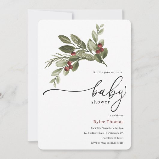 冬の緑の赤ちゃんシャワー 招待状 (正面)