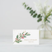 冬の緑の赤ベリークリスマスビジネス プレイスカード (スタンド正面)