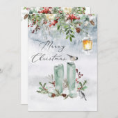 冬の緑の赤ベリーバードクリスマス シーズンカード (正面/裏面)