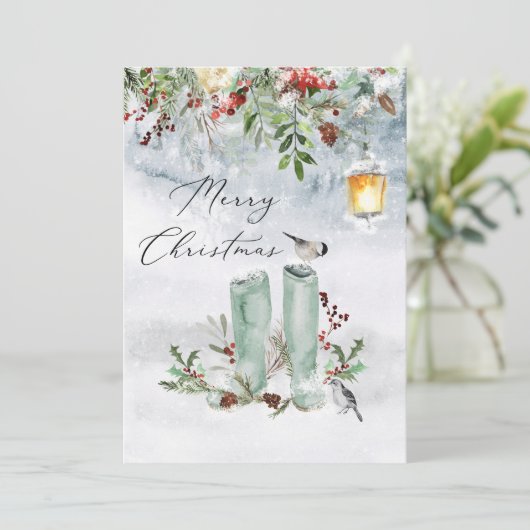 冬の緑の赤ベリーバードクリスマス シーズンカード (スタンド正面)