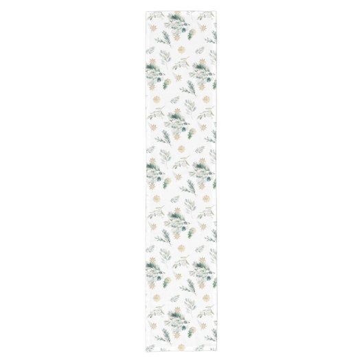 冬の緑の金ゴールドの雪のエレガント結晶 ショートテーブルランナー (正面)