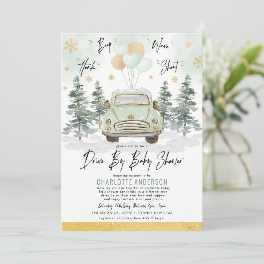 冬の緑の金ゴールドドライブバイベビーシャワーパレード 招待状 (スタンド正面)