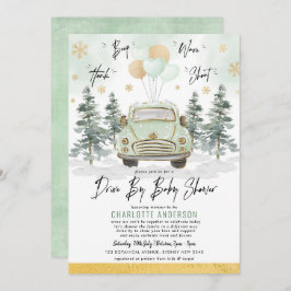 冬の緑の金ゴールドドライブバイベビーシャワーパレード 招待状