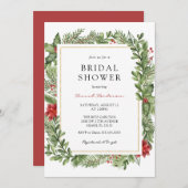 冬の緑の金ゴールドフレームブライダルシャワー 招待状 (正面/裏面)