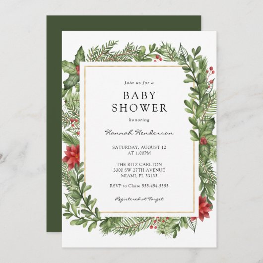冬の緑の金ゴールドフレーム赤ちゃんシャワー 招待状 (正面/裏面)
