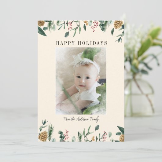 冬の緑の雪のオーバーレイ写真ホリデーカード シーズンカード (スタンド正面)