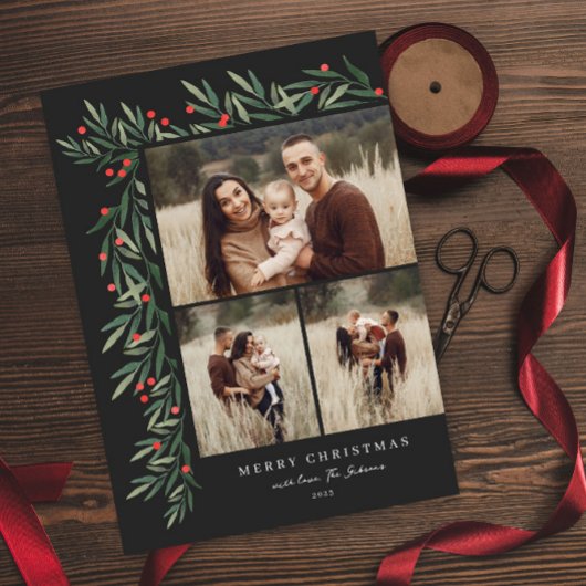 冬の緑の黒3写真クリスマス シーズンカード