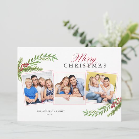 冬の緑の3ミニマル枚写真メリークリスマス シーズンカード (スタンド正面)