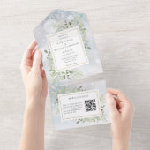 冬の緑のQRコードモノグラム結婚ズ オールインワン招待状 (貼ってはがせる)