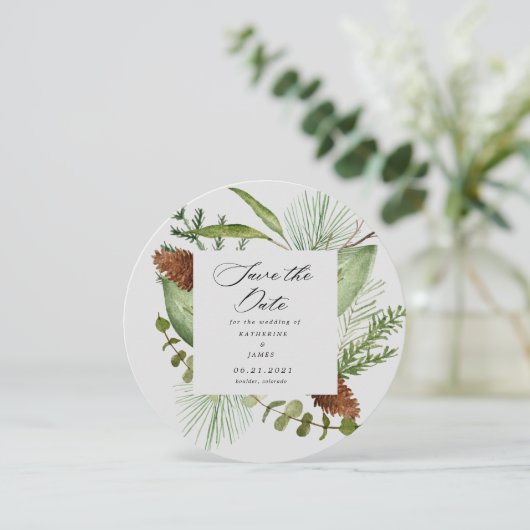 冬の緑エレガントは日付写真を保存 招待状 (スタンド正面)