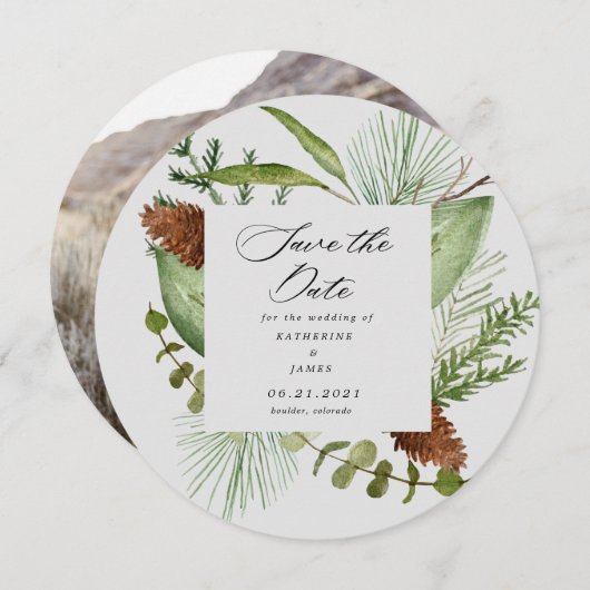 冬の緑エレガントは日付写真を保存 招待状 (正面/裏面)