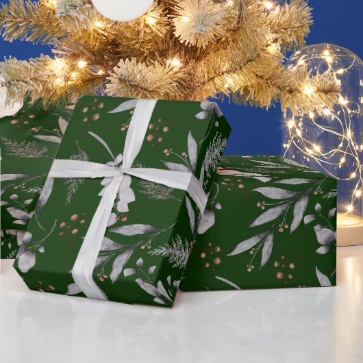 冬の緑葉の果実の水色 ラッピングペーパー (クリスマス)