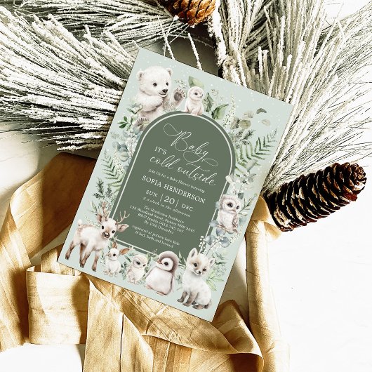 冬の緑豊かな北極の動物 ニュートラル ベビーシャワー 招待状