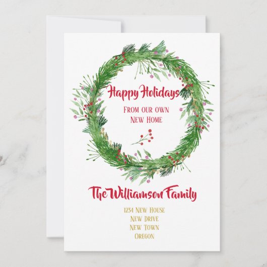 冬の緑 新しい家 ハッピーホリデー シーズンカード (正面)