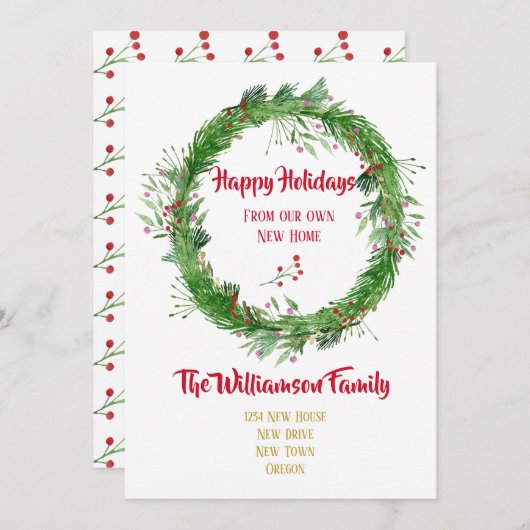 冬の緑 新しい家 ハッピーホリデー シーズンカード (正面/裏面)