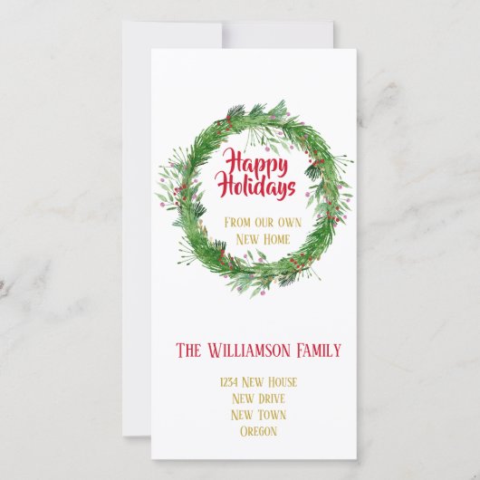 冬の緑 新しい家 ハッピーホリデー シーズンカード (正面)