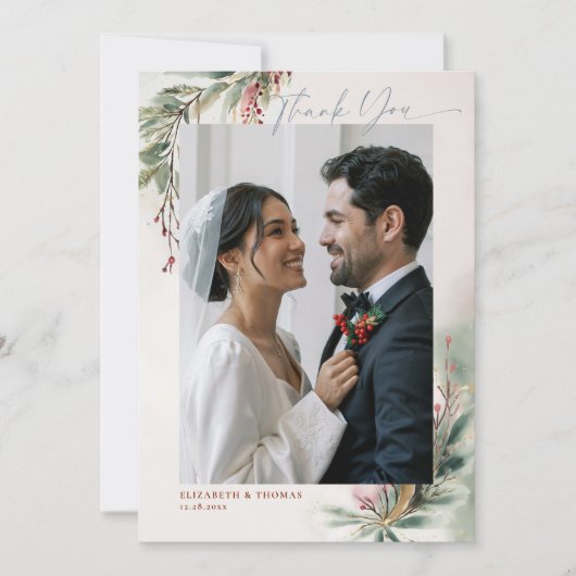冬の緑 赤いクリスマスのおしゃれな写真ありがとう サンキューカード (正面)