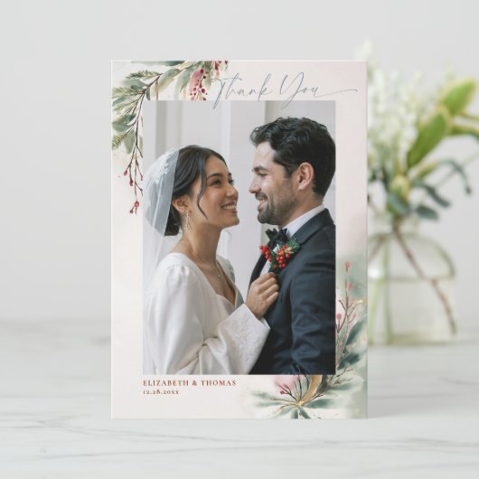 冬の緑 赤いクリスマスのおしゃれな写真ありがとう サンキューカード (スタンド正面)