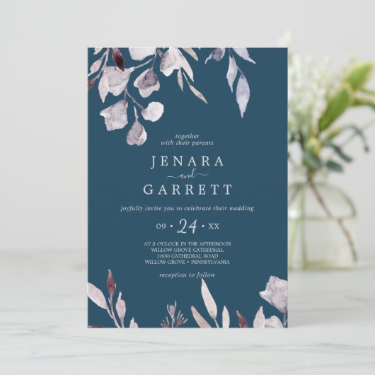 冬の緑 |青カジュアル結婚の 招待状 (スタンド正面)