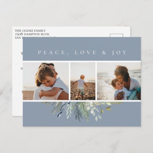 冬の群葉の青い写真のコラージュ シーズンポストカード (正面/裏面)