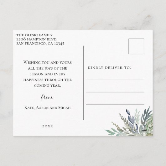 冬の群葉の青い写真のコラージュ シーズンポストカード (裏面)