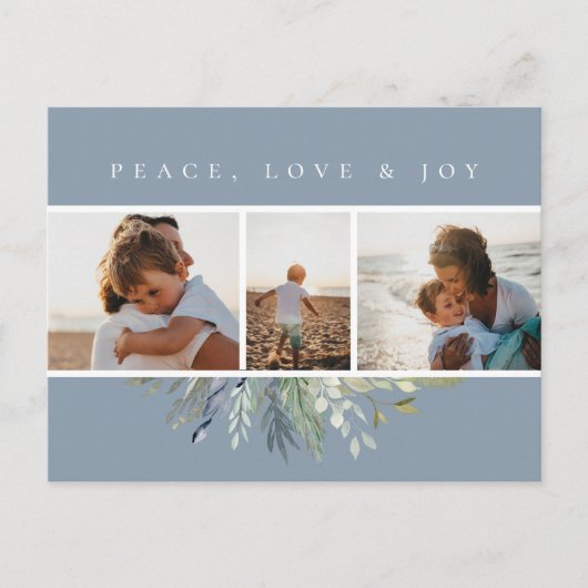 冬の群葉の青い写真のコラージュ シーズンポストカード (正面)