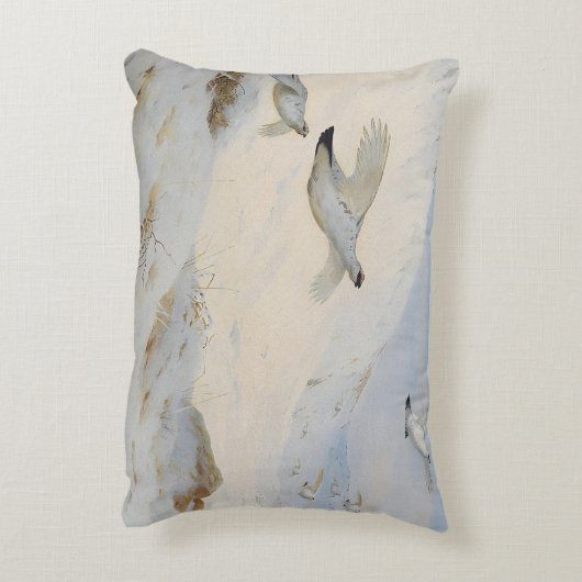 冬の羽毛のライチョウが雪を飛び越える アクセントクッション (裏面(縦))
