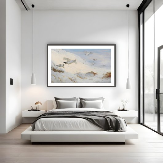 冬の羽毛、雪の飛んでいる向こう側のパルミガン ポスター