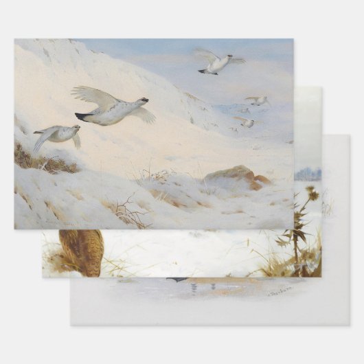 冬の羽毛、雪の飛んでいる向こう側のパルミガン ラッピングペーパーシート (セット)