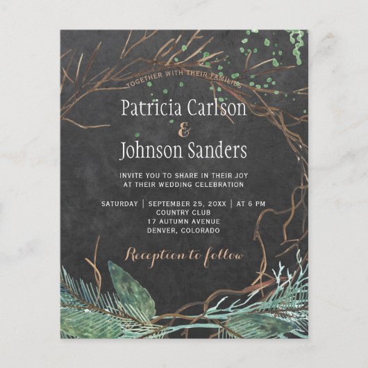 冬の自然を感じる 予算に優しい チョークボードのウェディング招待状 チラシ (正面)