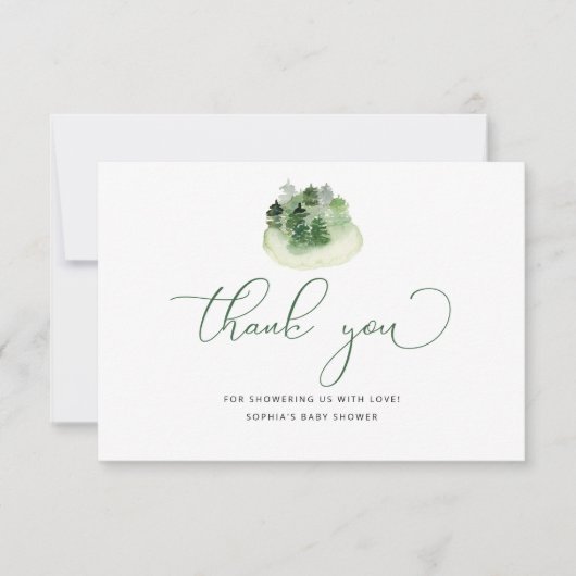 冬の自然緑の森の赤ちゃんシャワー サンキューカード (正面)