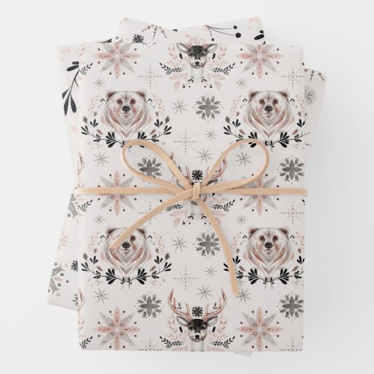 冬の自然野生動物の北欧クリスマス ラッピングペーパーシート (インサイチュ)