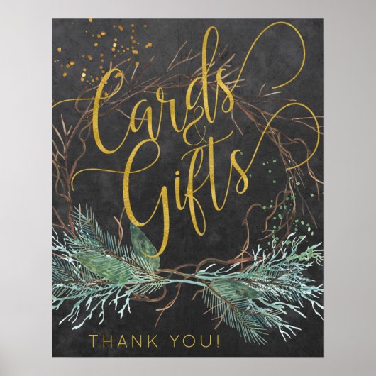 冬の自然金ゴールドスクリプトカード結婚とサイン ポスター (正面)