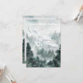 冬の至、森林の白フクロウにあいさつ カード (正面/裏面インサイチュ)