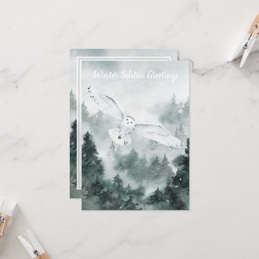 冬の至、森林の白フクロウにあいさつ カード (正面/裏面インサイチュ)