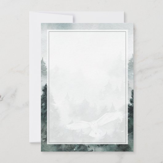 冬の至、森林の白フクロウにあいさつ カード (裏面)