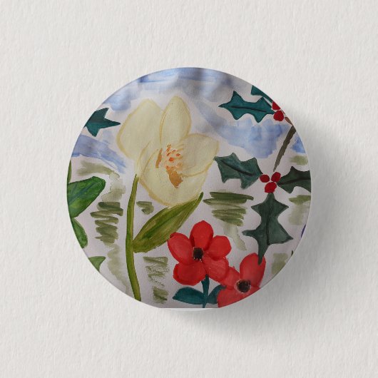 冬の花とホリーバッジ 缶バッジ (正面)