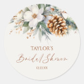 冬の花と松の木のウェディングシャワー ラウンドシール (正面)