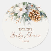 冬の花と松の木 ベビーシャワー ラウンドシール (正面)