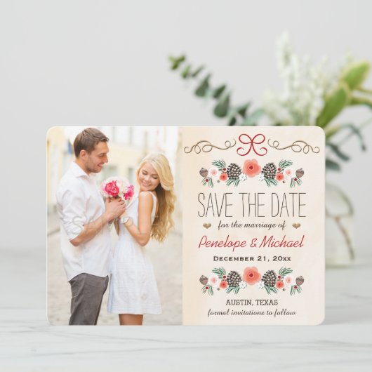 冬の花のマツ円錐形のクリスマスの保存日付 セーブザデート (スタンド正面)