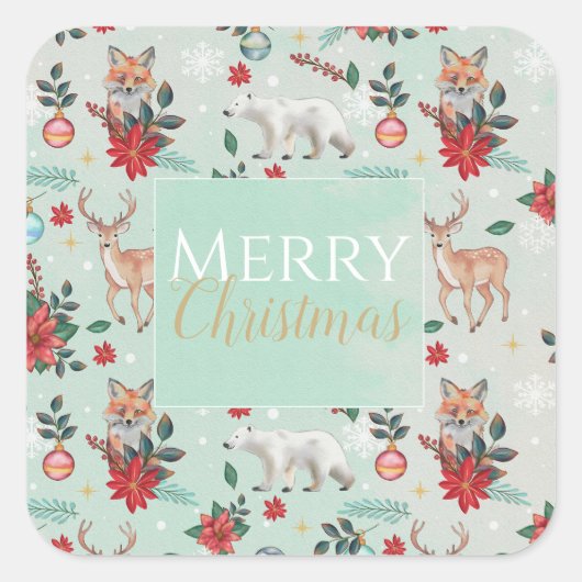 冬の花の動物のクリスマスパターン スクエアシール (正面)