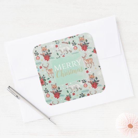 冬の花の動物のクリスマスパターン スクエアシール