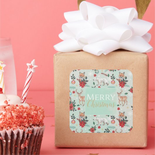 冬の花の動物のクリスマスパターン スクエアシール (パーティー)
