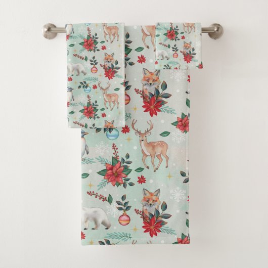 冬の花の動物のクリスマスパターン バスタオルセット (インサイチュ)