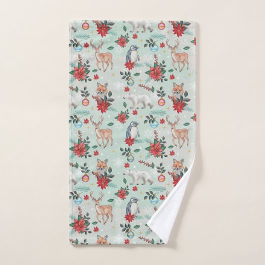 冬の花の動物のクリスマスパターン バスタオルセット (ハンドタオル)