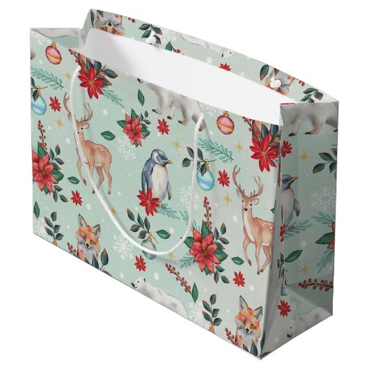 冬の花の動物のクリスマスパターン ラージペーパーバッグ (裏面アングル)