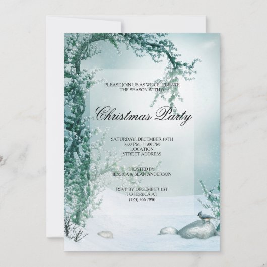 冬の花の風景と（鳥）ショウジョウコウカンチョウクリスマスパーティー 招待状 (正面)
