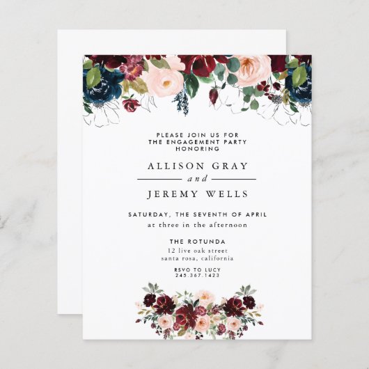 冬の花をテーマにしたエンゲージメントパーティーの招待状 (正面/裏面)